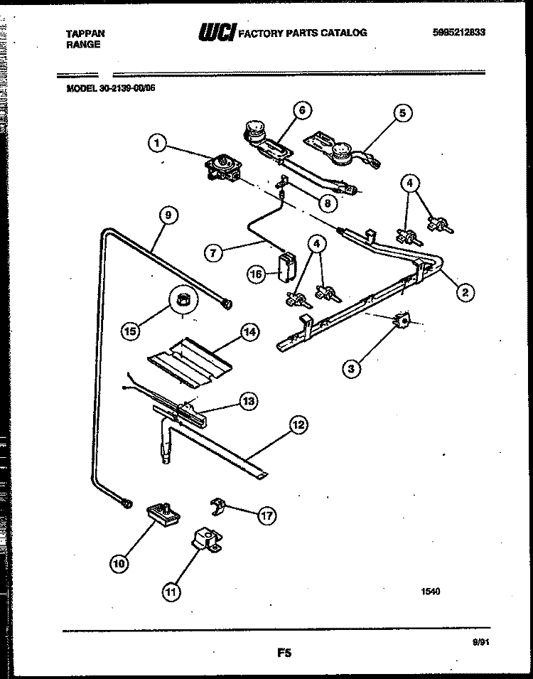 BURNER, MANIFOLD AND GAS CONTROL Diagram and Parts List for 30-2139-00-06  Tappan Range