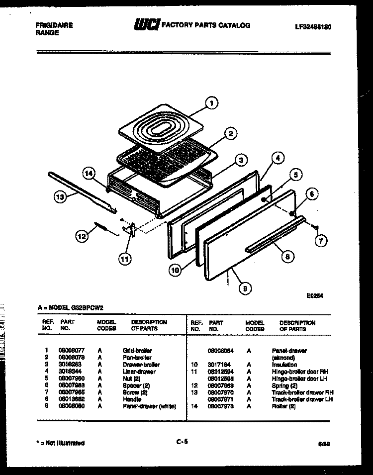 BROILER DRAWER PARTS Diagram and Parts List for G32BPCW2  Frigidaire Range