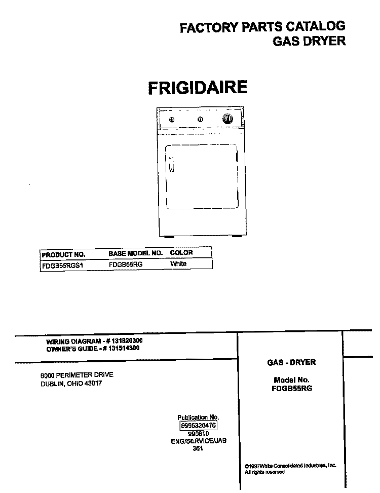 COVER Diagram and Parts List for FDGB55RGS1  Frigidaire Dryer