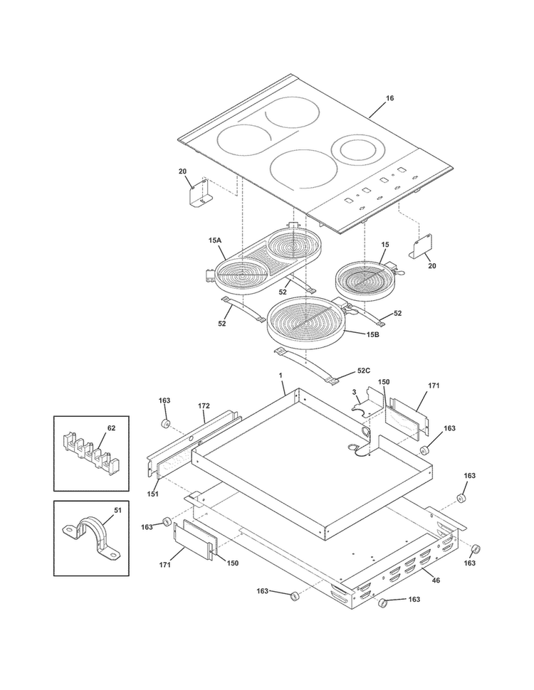 Main Top/surface Units Diagram and Parts List for FPEC3085KSB  Frigidaire Cooktop