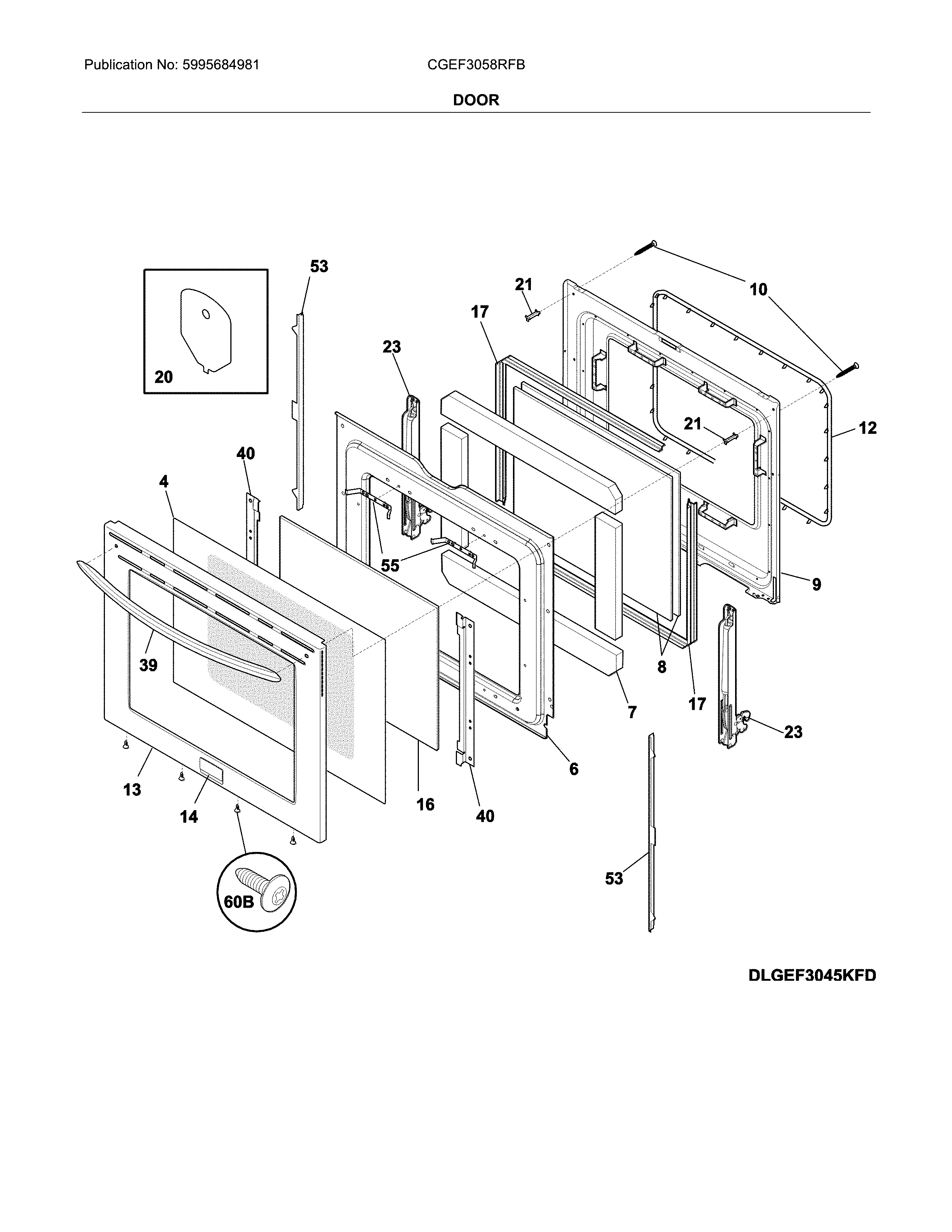 Door Diagram and Parts List for CGEF3058RFB  Frigidaire Range