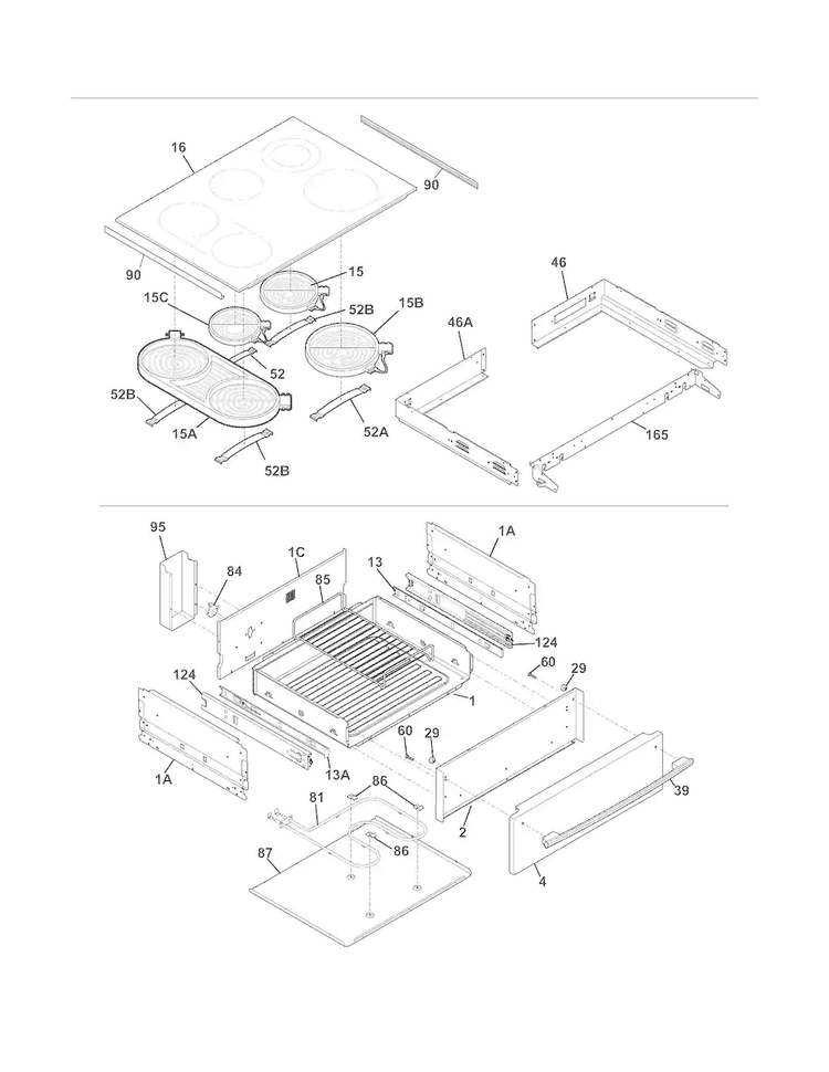 Top/drawer Diagram and Parts List for FPES3085KFG  Frigidaire Range