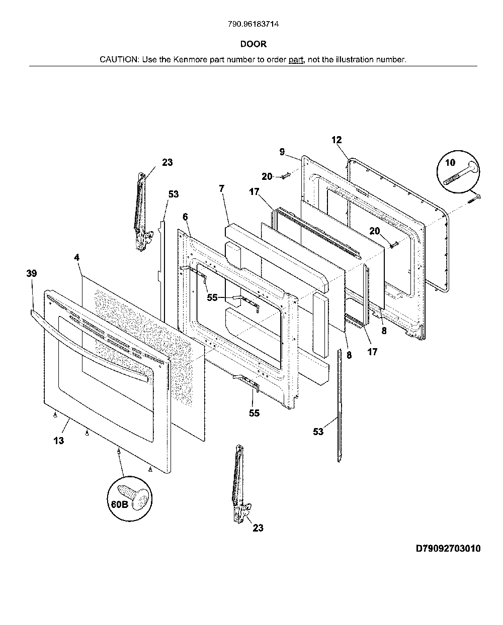 Door Diagram and Parts List for 79096183714  Kenmore Range