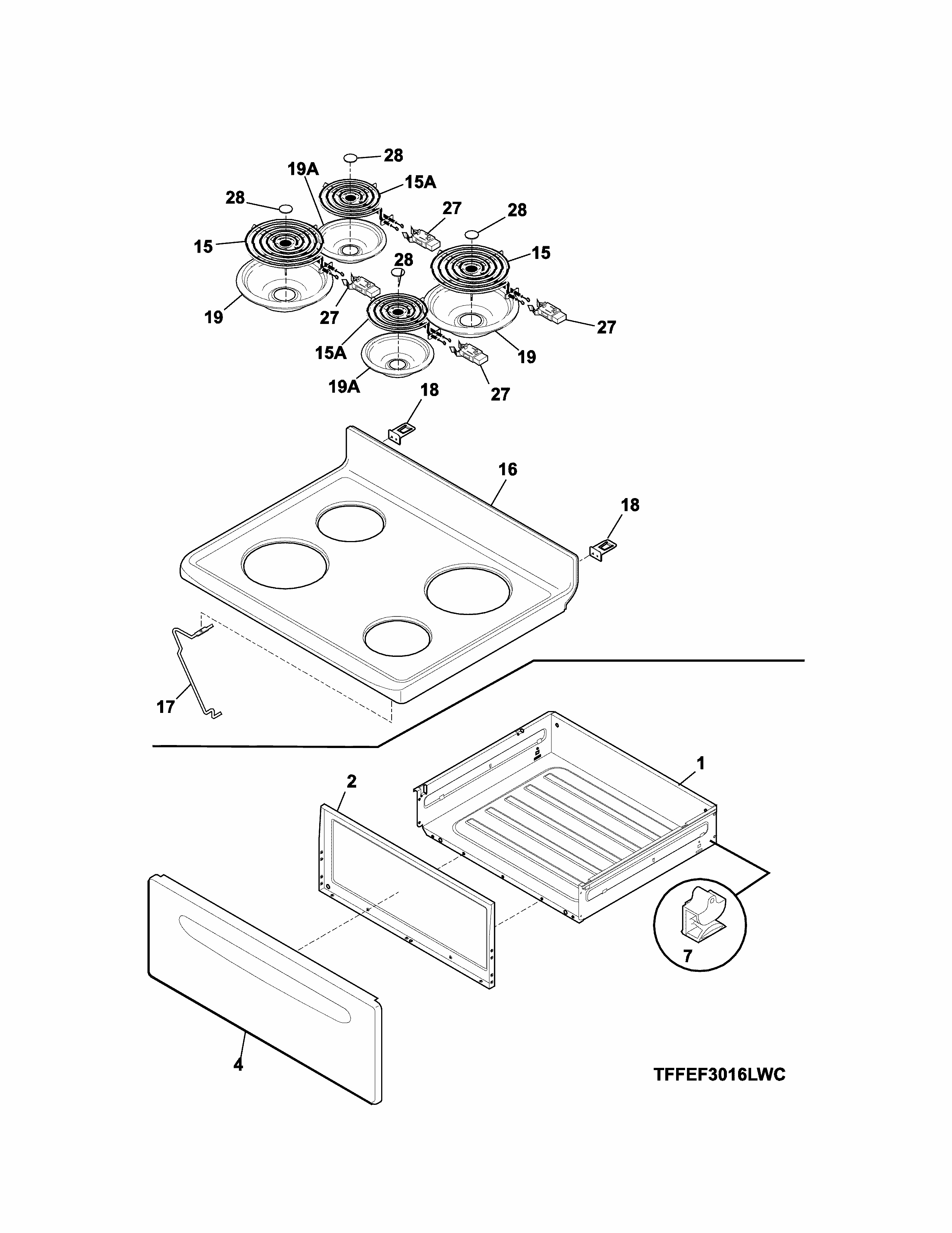 Top/drawer Diagram and Parts List for 79093022311  Kenmore Range