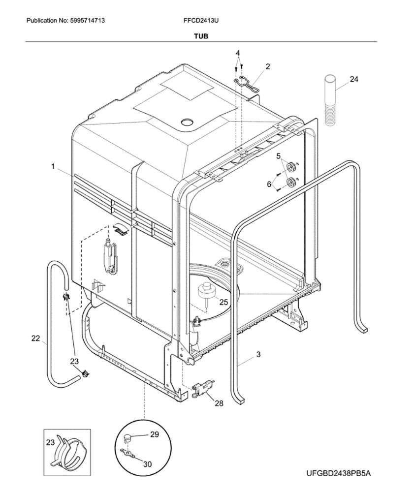 Tub Diagram and Parts List for FFCD2413UB2A  Frigidaire Dishwasher