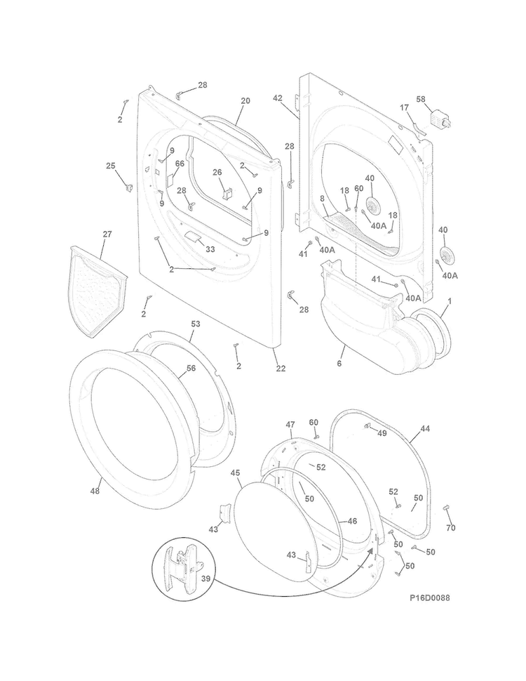 Front Panel/lint Filter Diagram and Parts List for FFQG5000QW0  Frigidaire Dryer