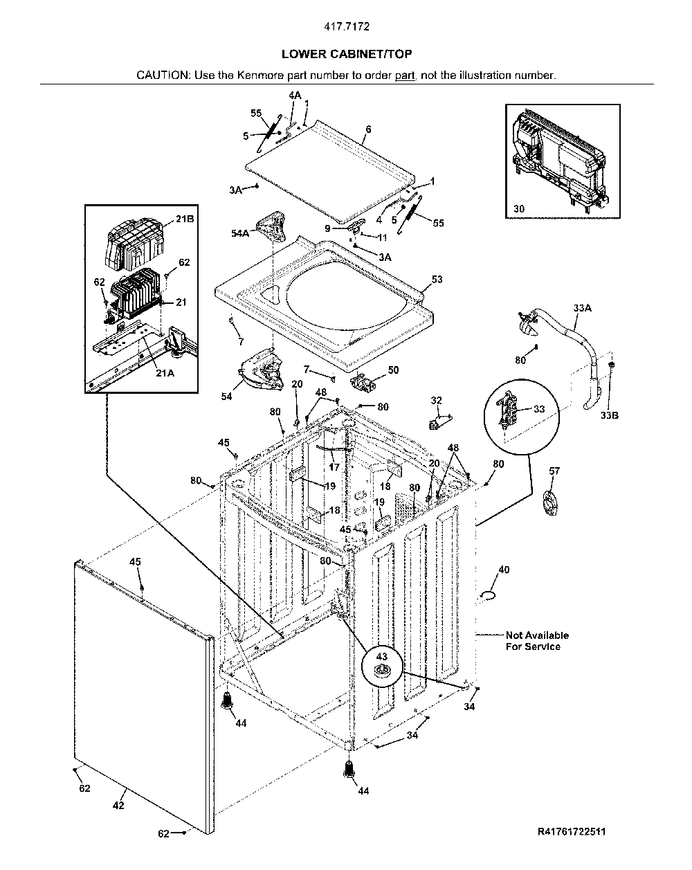 Lower cabinet/top Diagram and Parts List for 41771723512  Kenmore Washer Dryer Combo