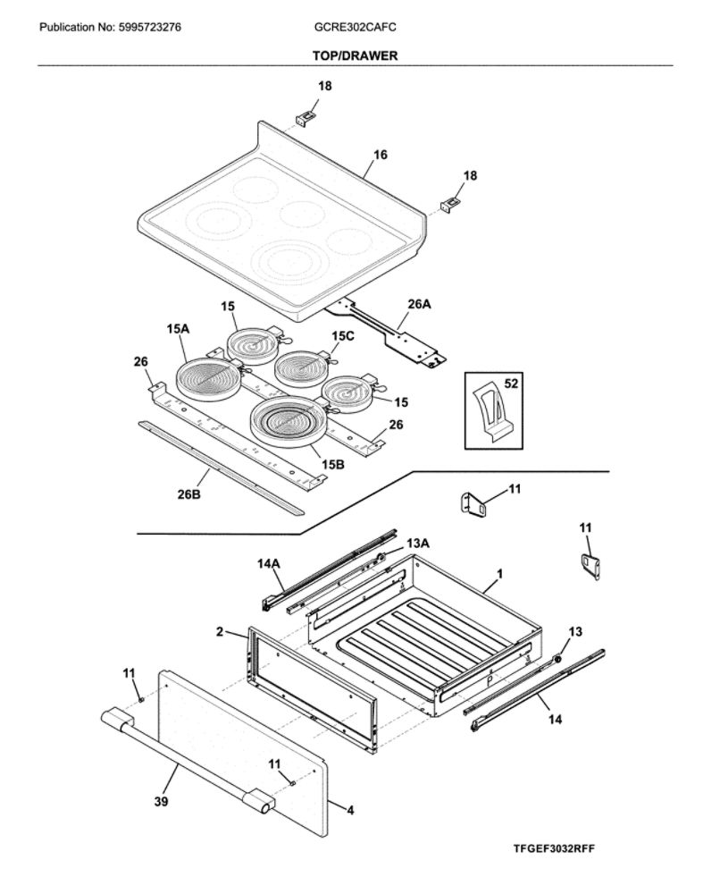 Top/Drawer Diagram and Parts List for GCRE302CAFC  Frigidaire Range