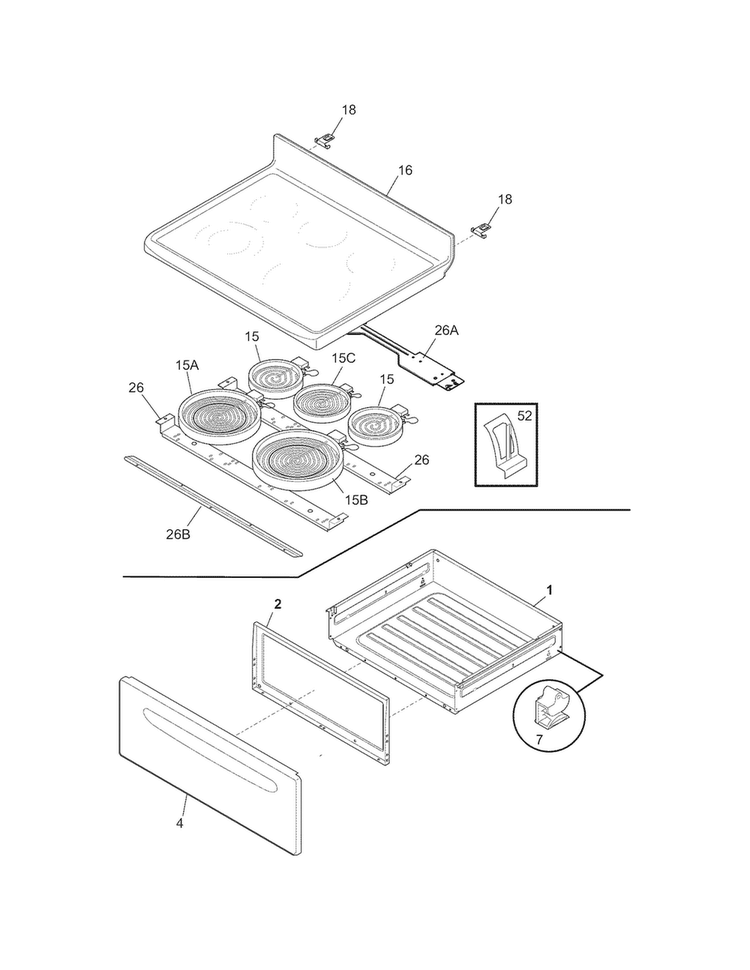 Top/drawer Diagram and Parts List for CGEF3030PWA  Frigidaire Range