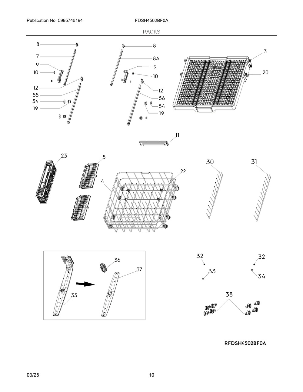 Racks Diagram and Parts List for FDSH4502BF0A  Frigidaire Dishwasher