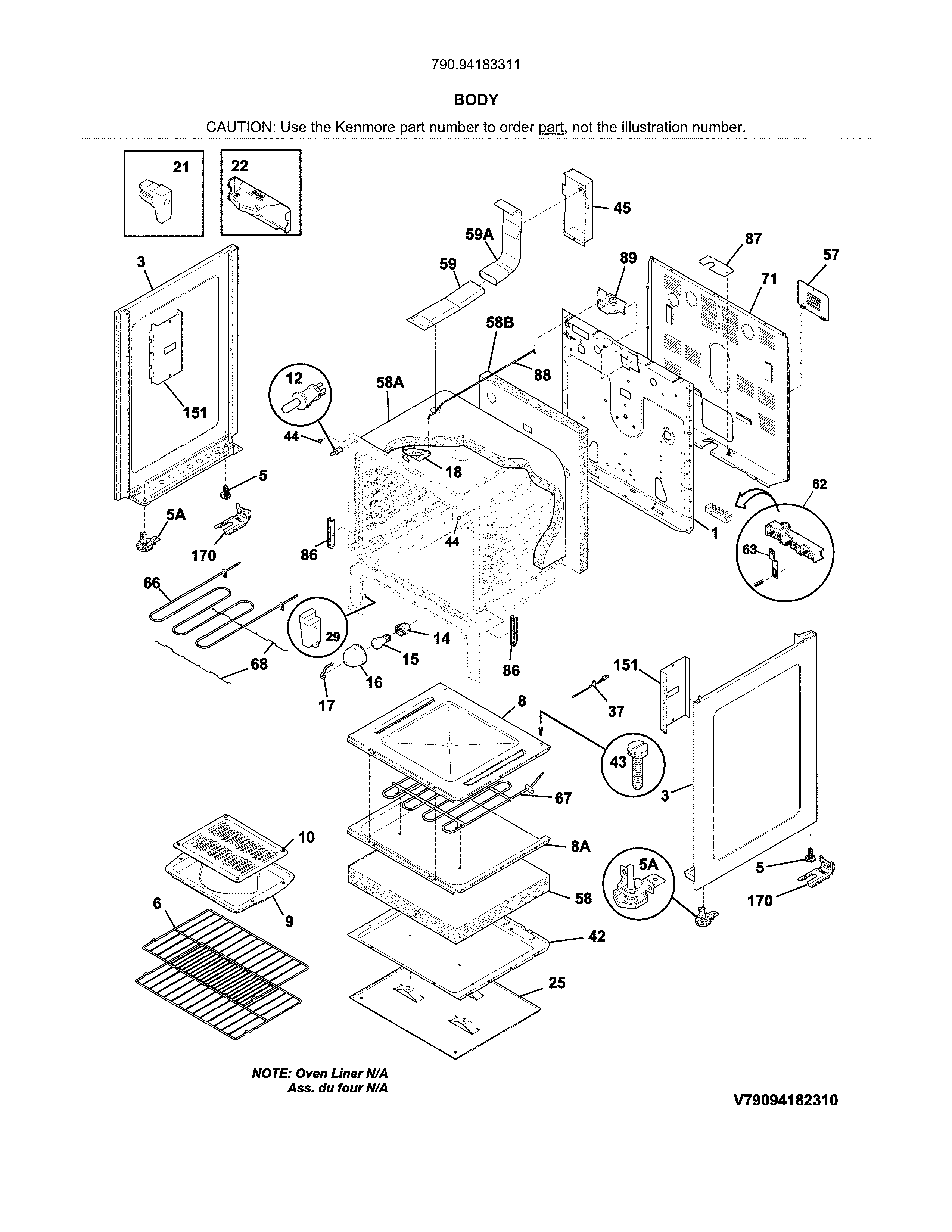 Body Diagram and Parts List for 79094183311  Kenmore Range