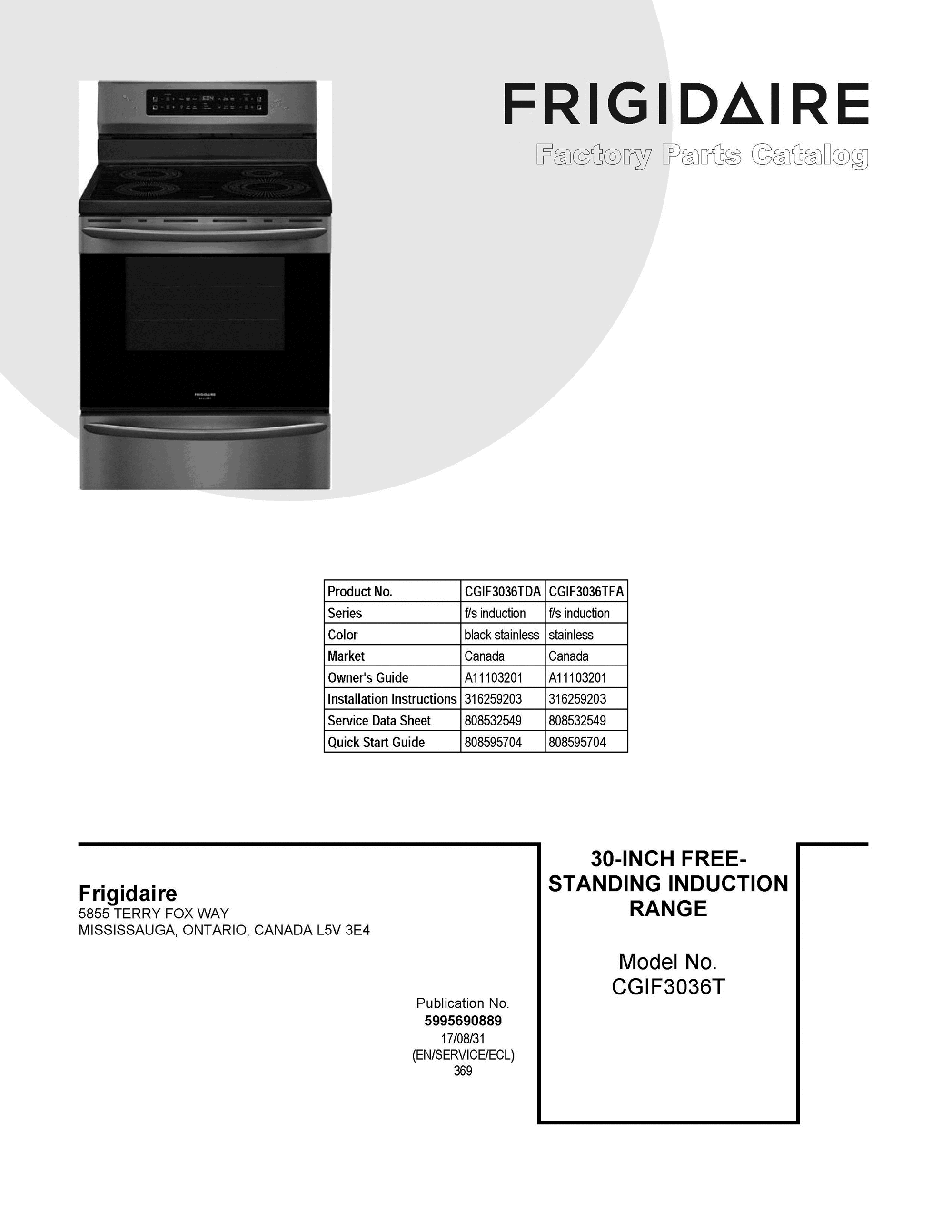 01 - COVER SHEET Diagram and Parts List for CGIF3036TFA  Frigidaire Range