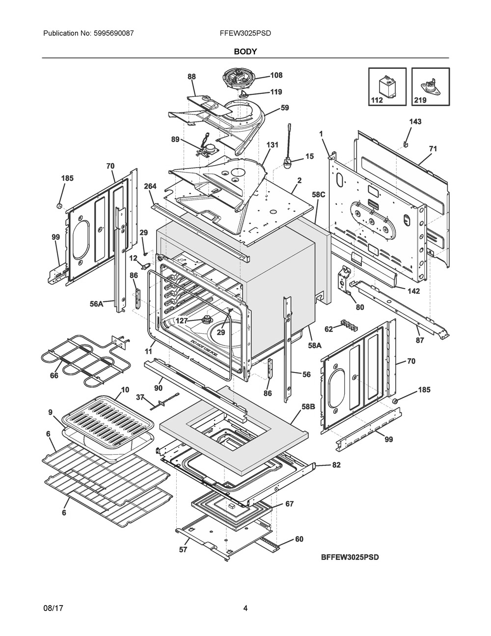 Body Diagram and Parts List for FFEW3025PSD  Frigidaire Wall Oven