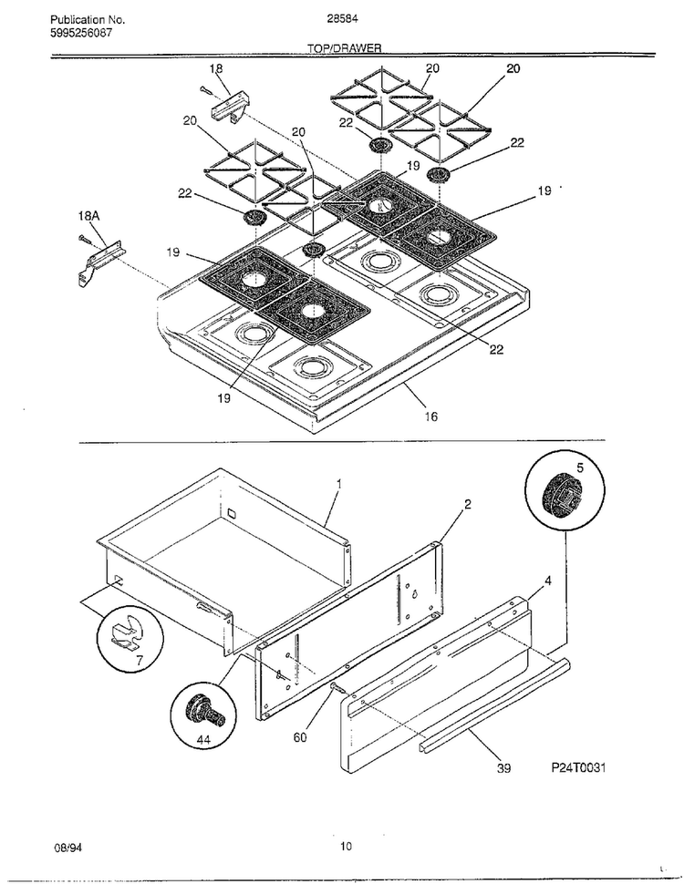 Top/drawer Diagram and Parts List for 285847A  Frigidaire Range