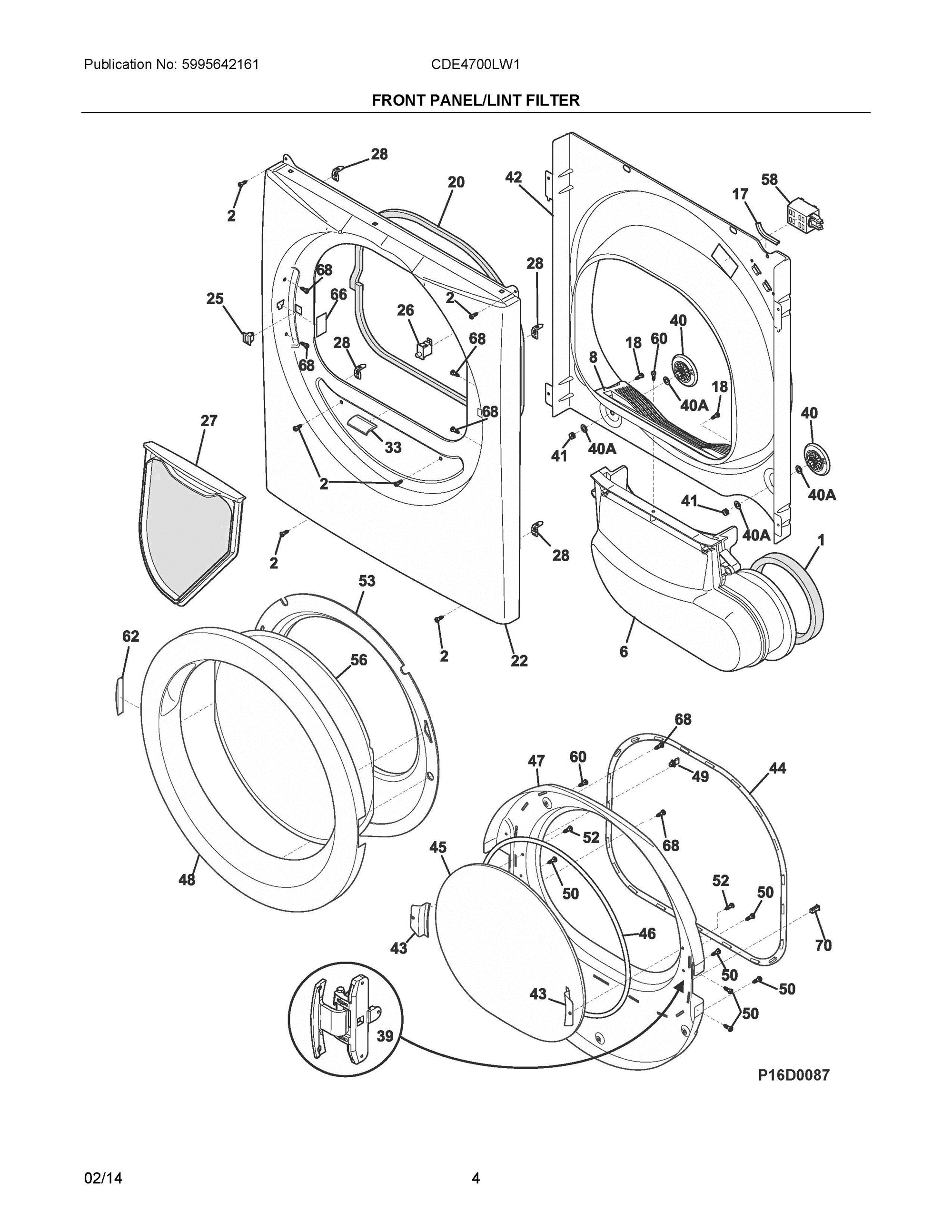 03 - FRONT PANEL/LINT FILTER Diagram and Parts List for CDE4700LW1  Frigidaire Dryer