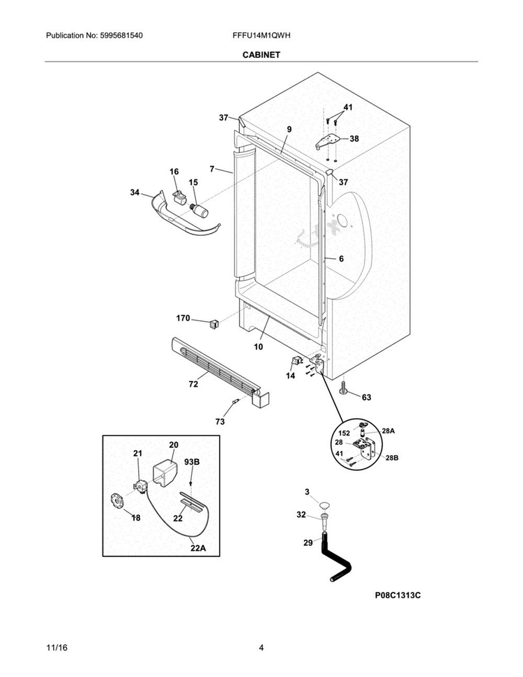 Cabinet Diagram and Parts List for FFFU14M1QWH  Frigidaire Freezer