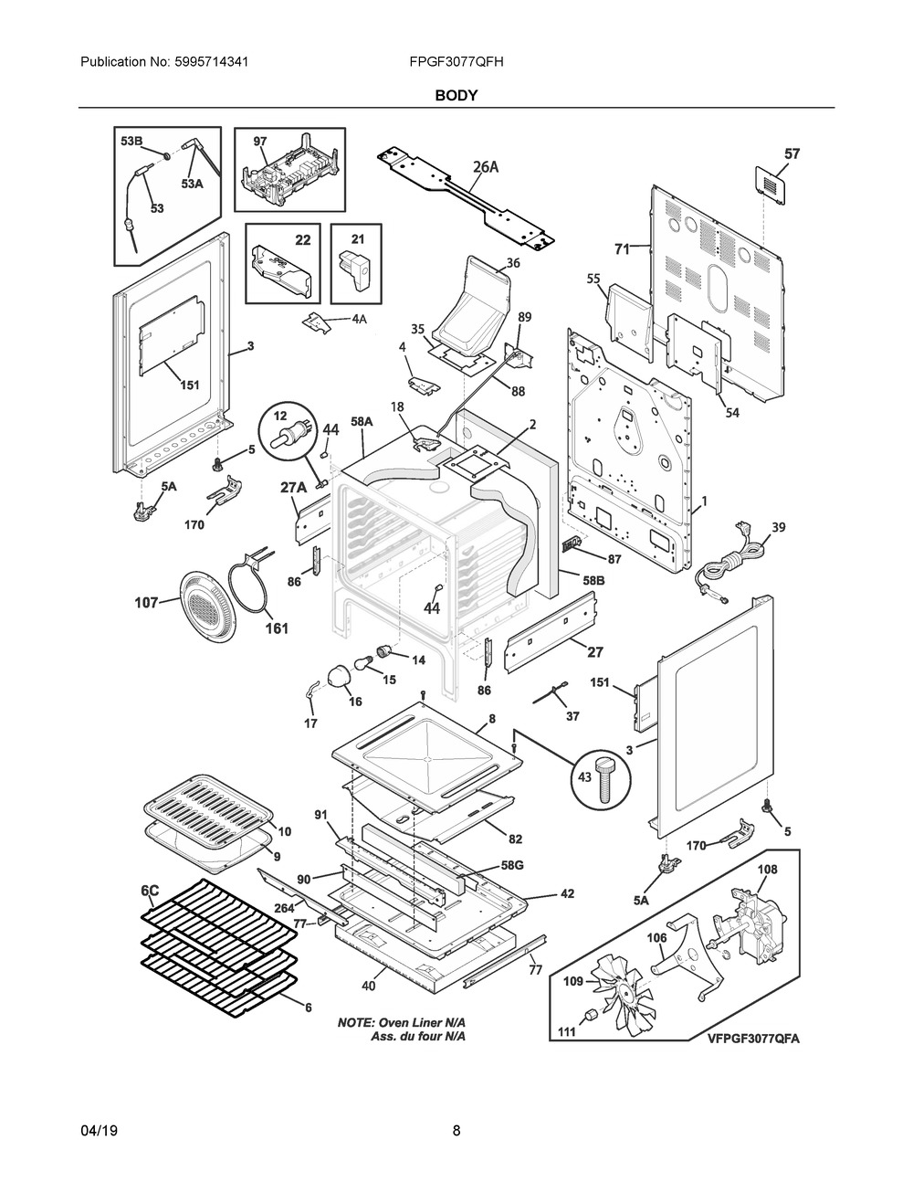 Body Diagram and Parts List for FPGF3077QFH  Frigidaire Range
