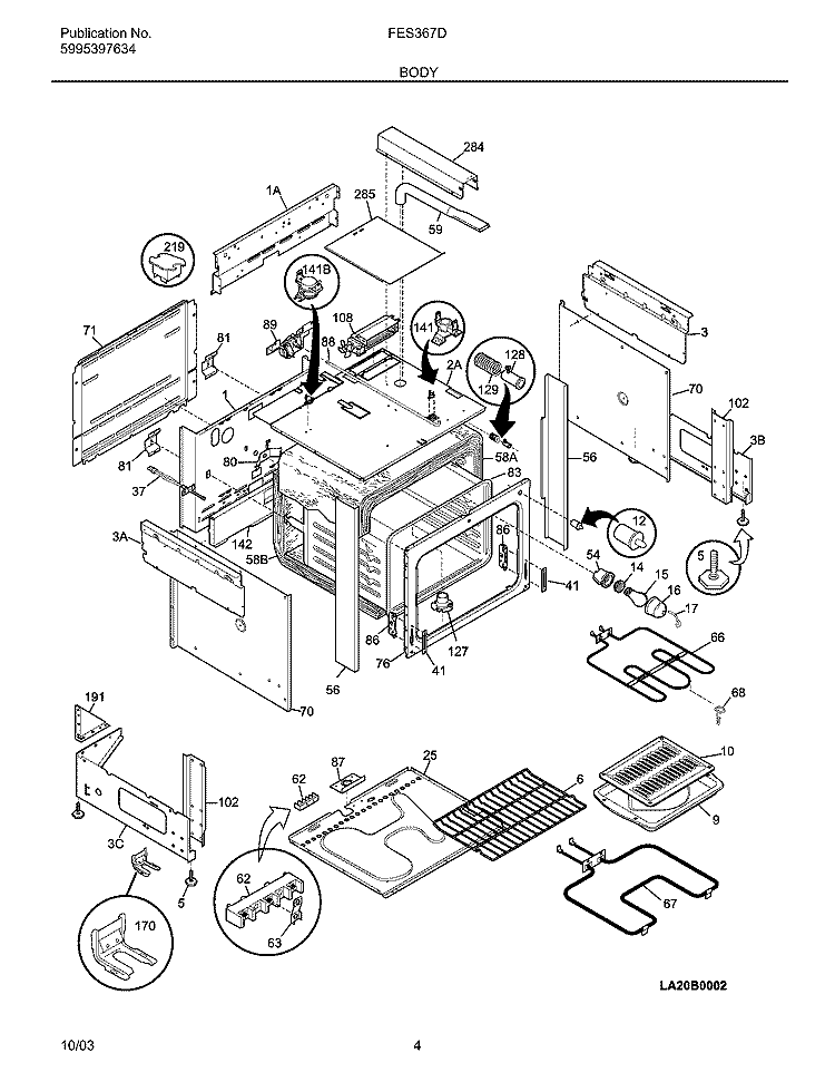 BODY Diagram and Parts List for FES367DCA  Frigidaire Range