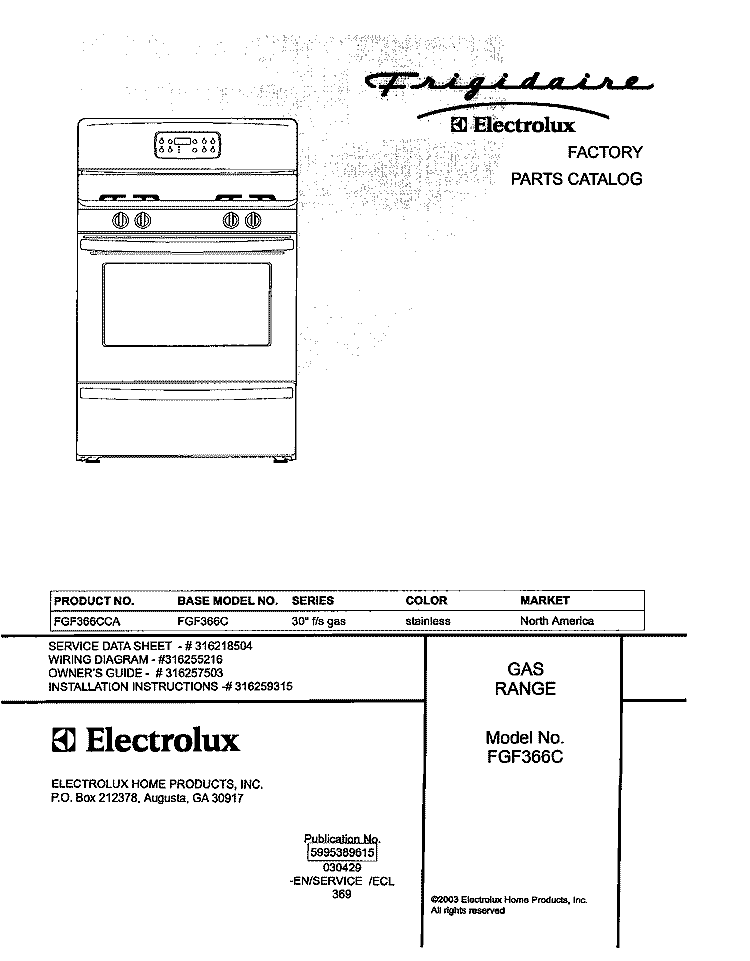 COVER Diagram and Parts List for FGF366CCA  Frigidaire Range