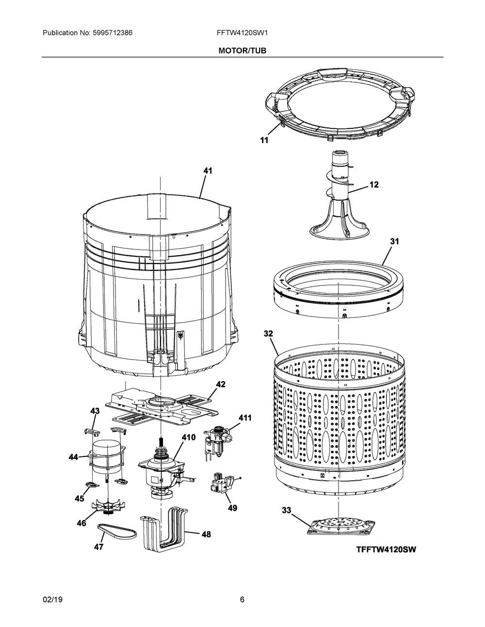 Motor/tub Diagram and Parts List for FFTW4120SW1  Frigidaire Washer
