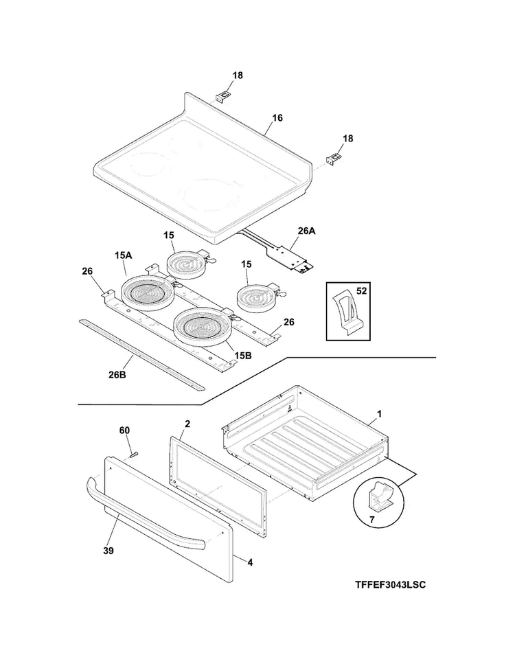 Top/drawer Diagram and Parts List for FFEF3043LSM  Frigidaire Range