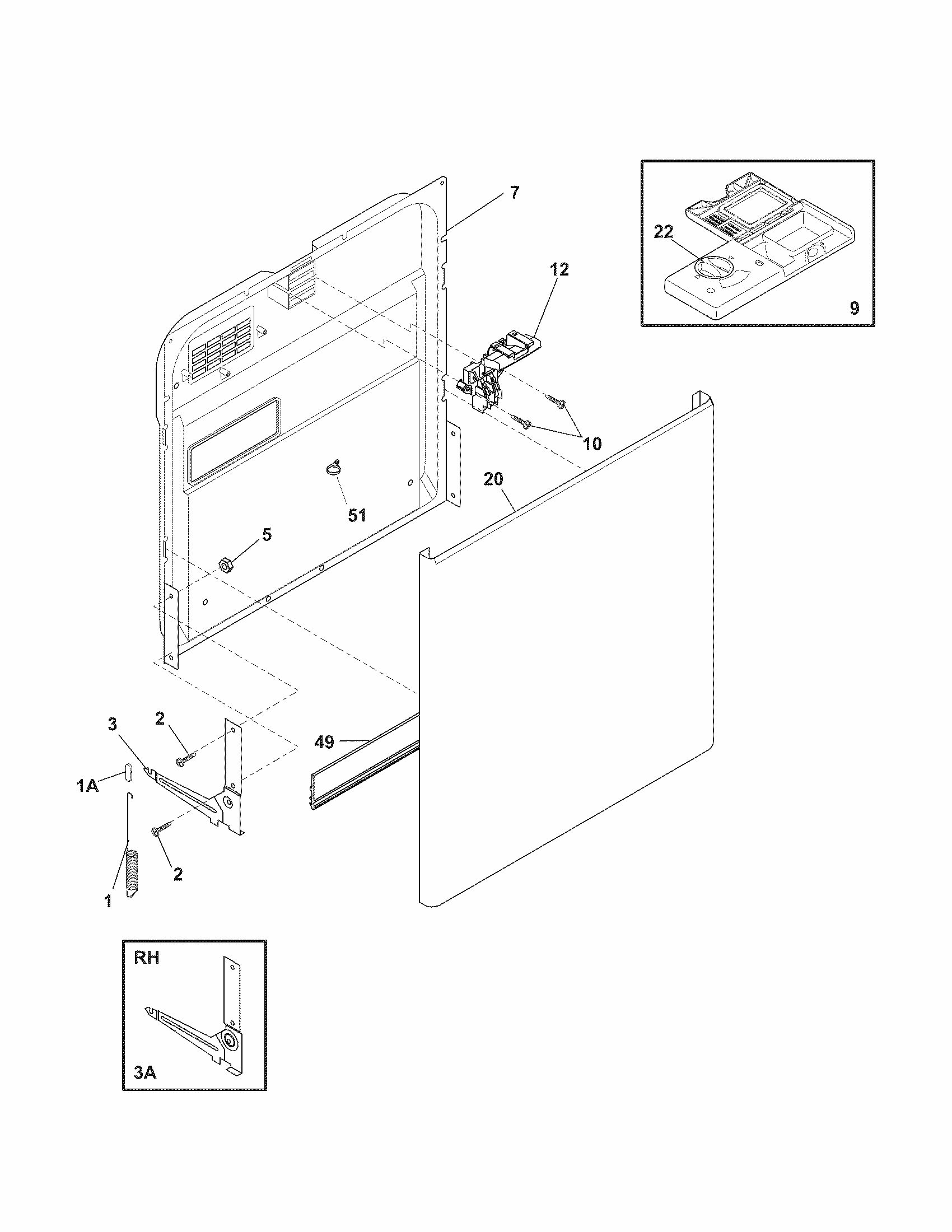 Door Diagram and Parts List for 58714014408A  Kenmore Dishwasher