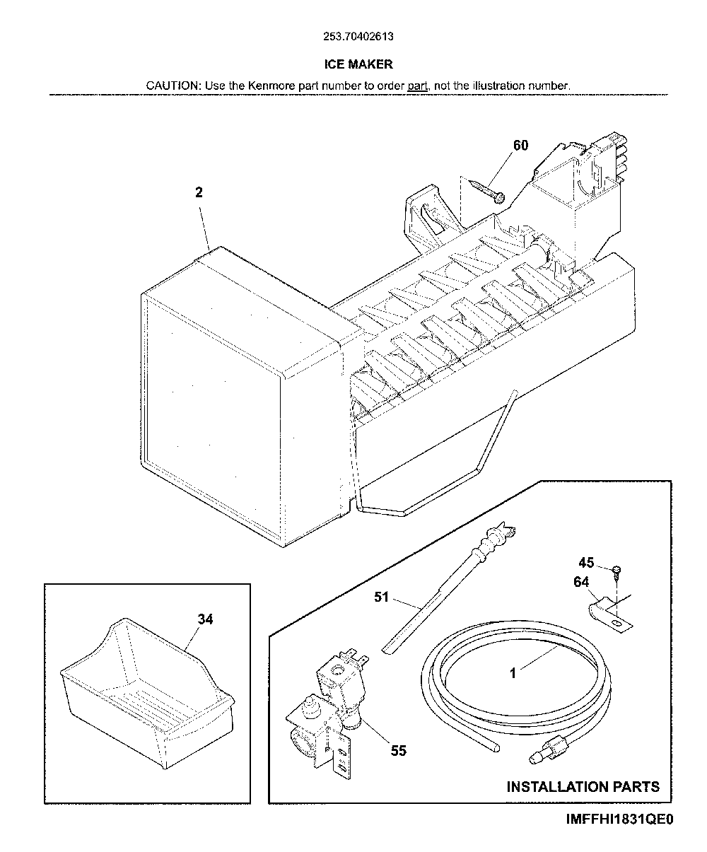 Ice maker Diagram and Parts List for 25370402613  Kenmore Refrigerator