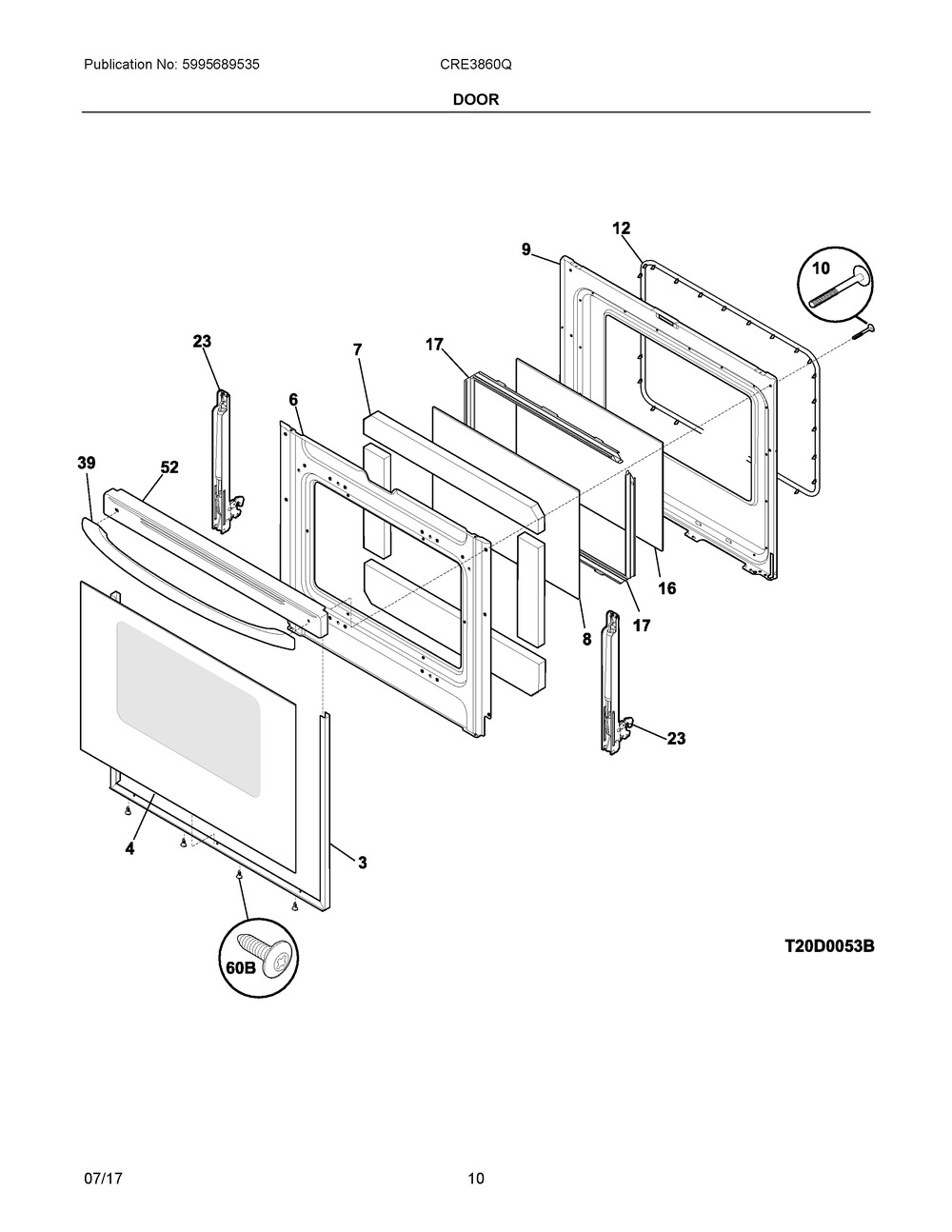 Door Diagram and Parts List for CRE3860QBC  Frigidaire Range