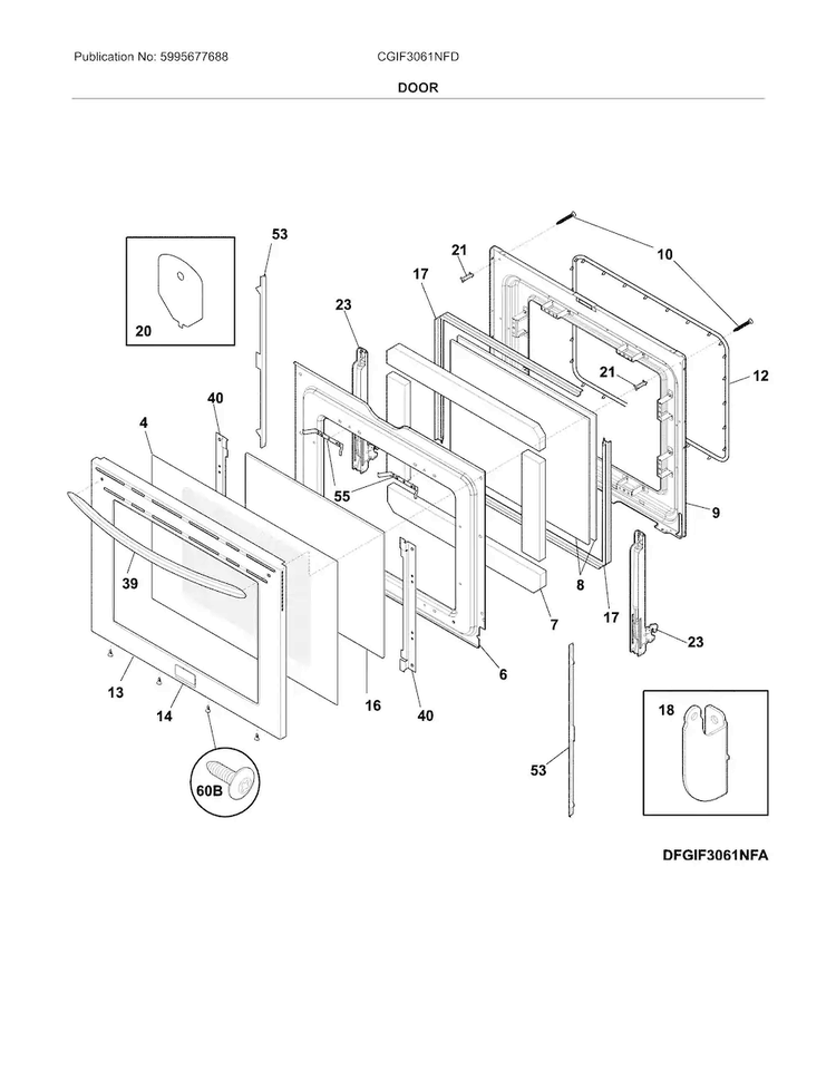 Door Diagram and Parts List for CGIF3061NFD  Frigidaire Range