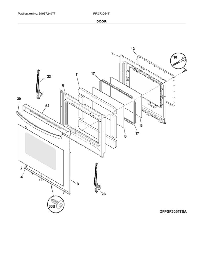 Door Diagram and Parts List for FFGF3054TWG  Frigidaire Range