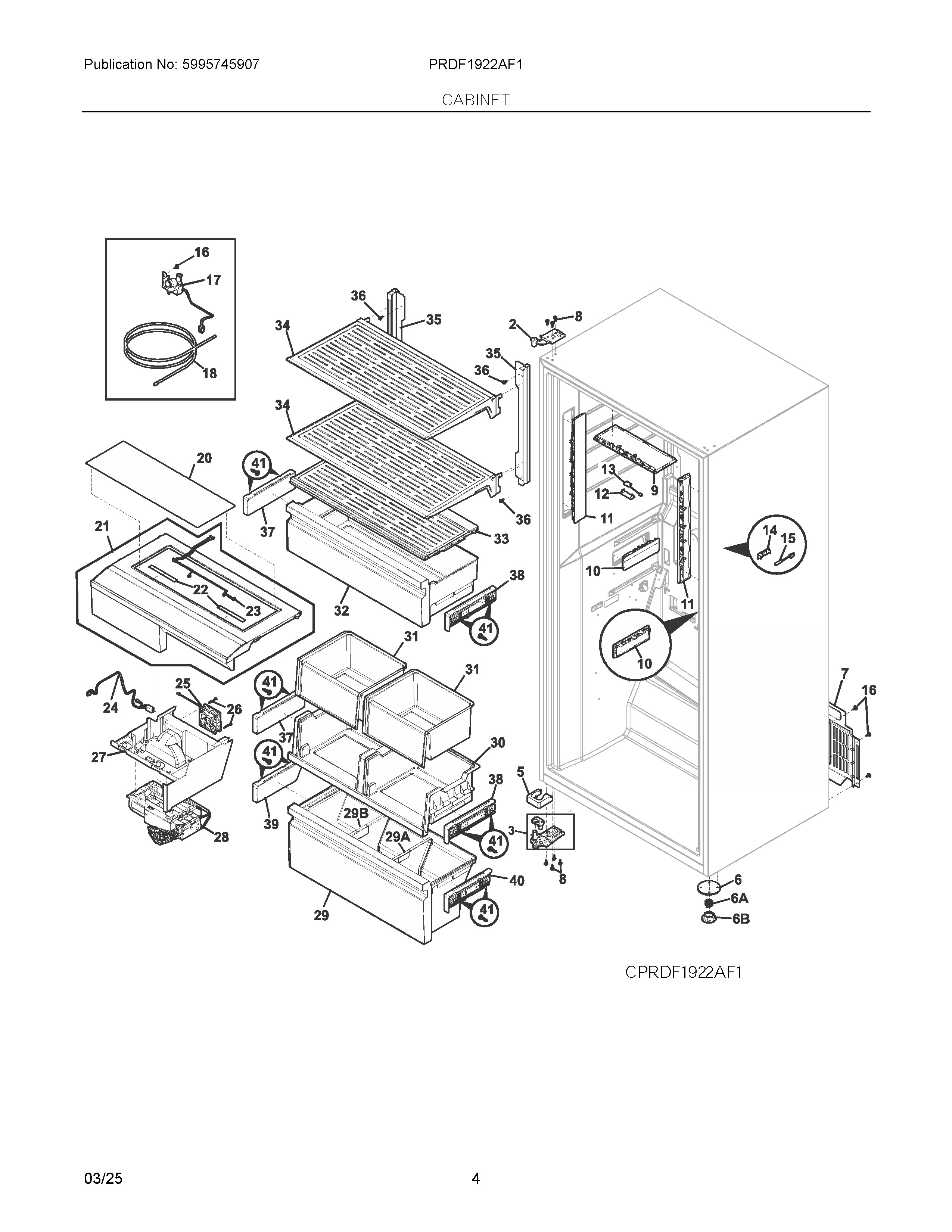 Cabinet Diagram and Parts List for PRDF1922AF1  Frigidaire Freezer