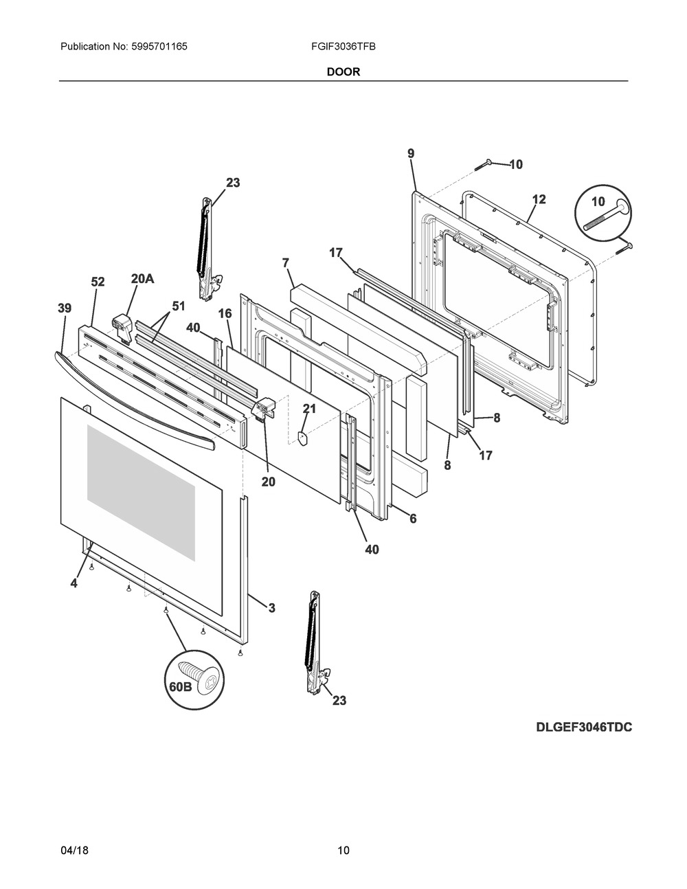 Door Diagram and Parts List for FGIF3036TFB  Frigidaire Range