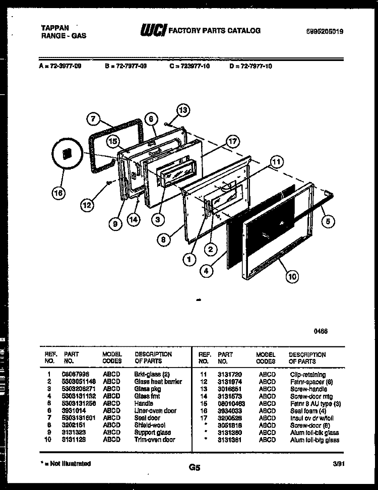 LOWER OVEN DOOR PARTS Diagram and Parts List for 72-3977-00-09  Tappan Range
