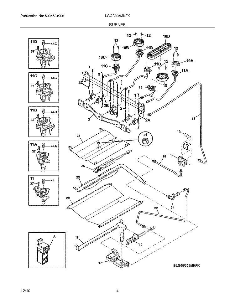 BURNER Diagram and Parts List for LGGF305MKFK  Frigidaire Range