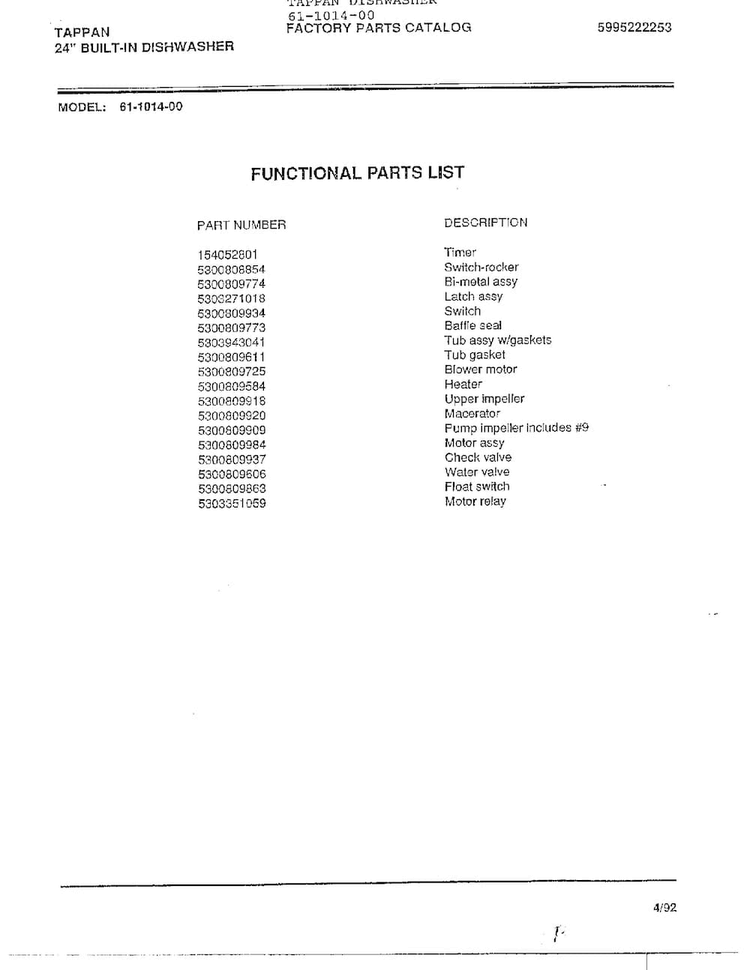 Functional Parts List Diagram and Parts List for 61-1014-00  Frigidaire Dishwasher