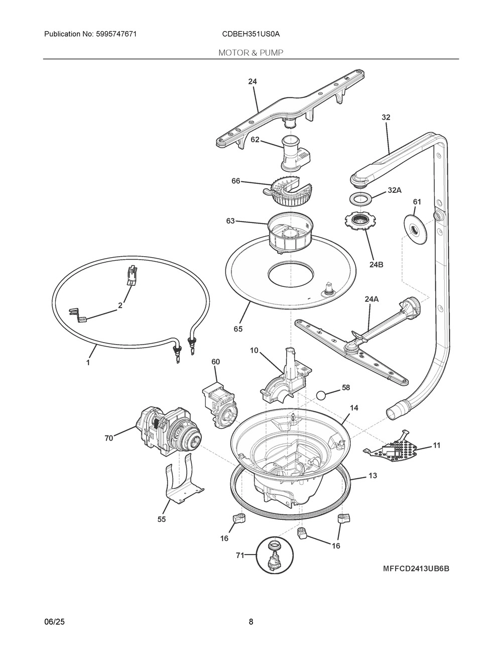 Motor And Pump Diagram and Parts List for CDBEH351US0A  Frigidaire Dishwasher