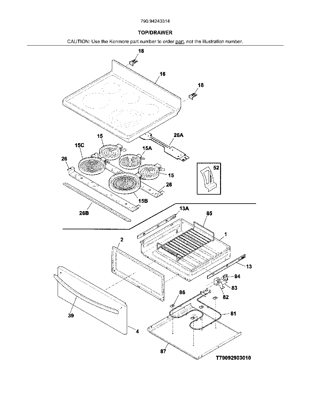 Top/drawer Diagram and Parts List for 79094243314  Kenmore Range