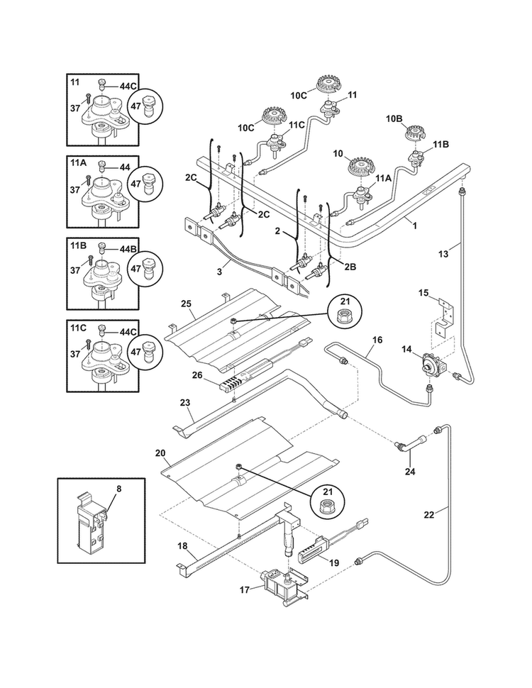 Burner Diagram and Parts List for CFGF3023LWD  Frigidaire Range