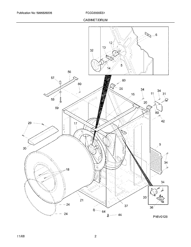 CABINET/DRUM Diagram and Parts List for FCGD3000ES1  Frigidaire Dryer