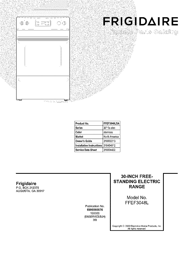 COVER Diagram and Parts List for FFEF3048LSA  Frigidaire Range
