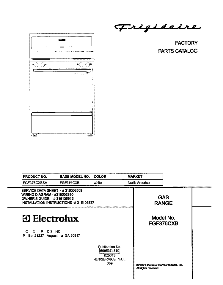 COVER Diagram and Parts List for FGF376CXBSA  Frigidaire Range
