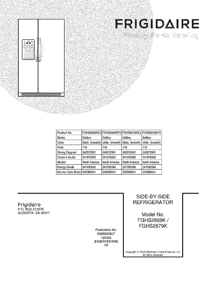 COVER Diagram and Parts List for FGHS2669KE2  Frigidaire Refrigerator