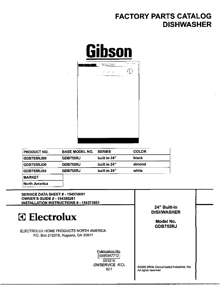 COVER Diagram and Parts List for GDB755RJS0  Gibson Dishwasher