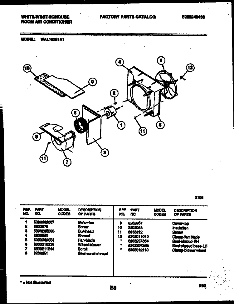 AIR HANDLING PARTS Diagram and Parts List for WAL103S1A1  Frigidaire Air Conditioner