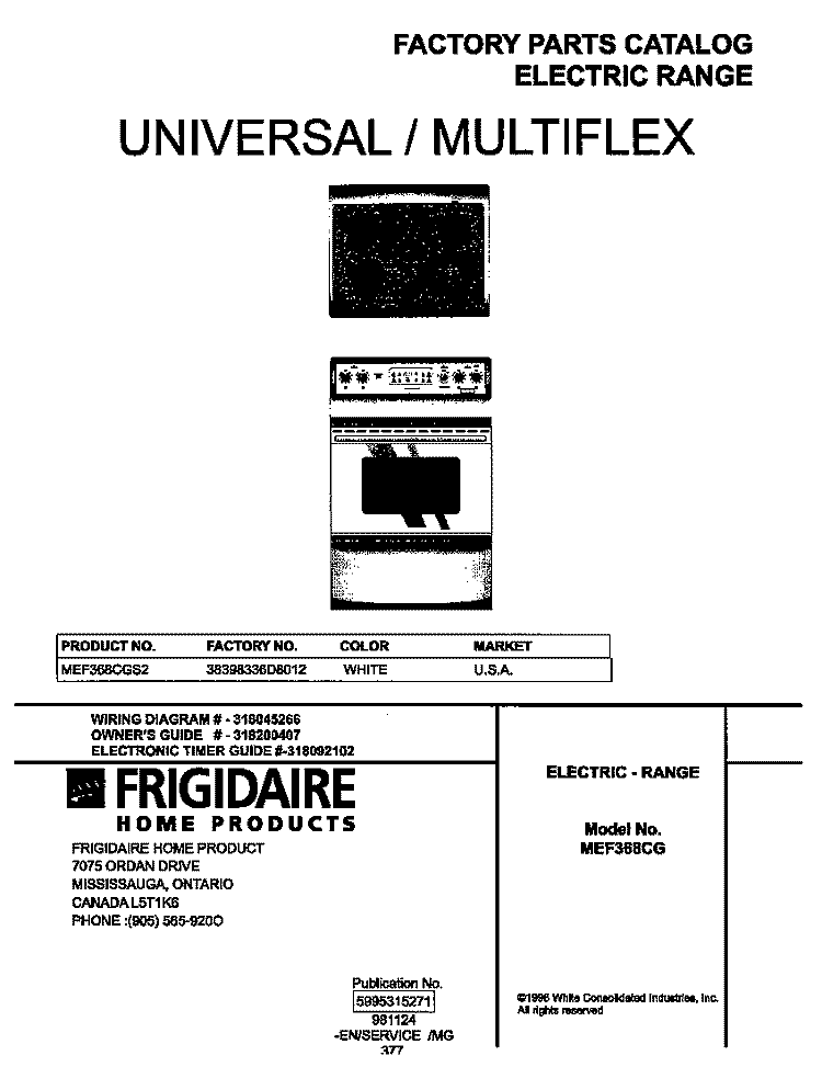 COVER Diagram and Parts List for MEF368CGS2  Frigidaire Wall Oven