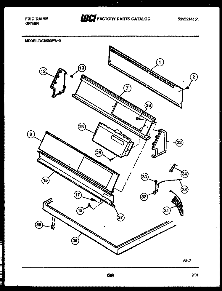 CONSOLE AND CONTROL PARTS Diagram and Parts List for DG8600PW0  Frigidaire Dryer