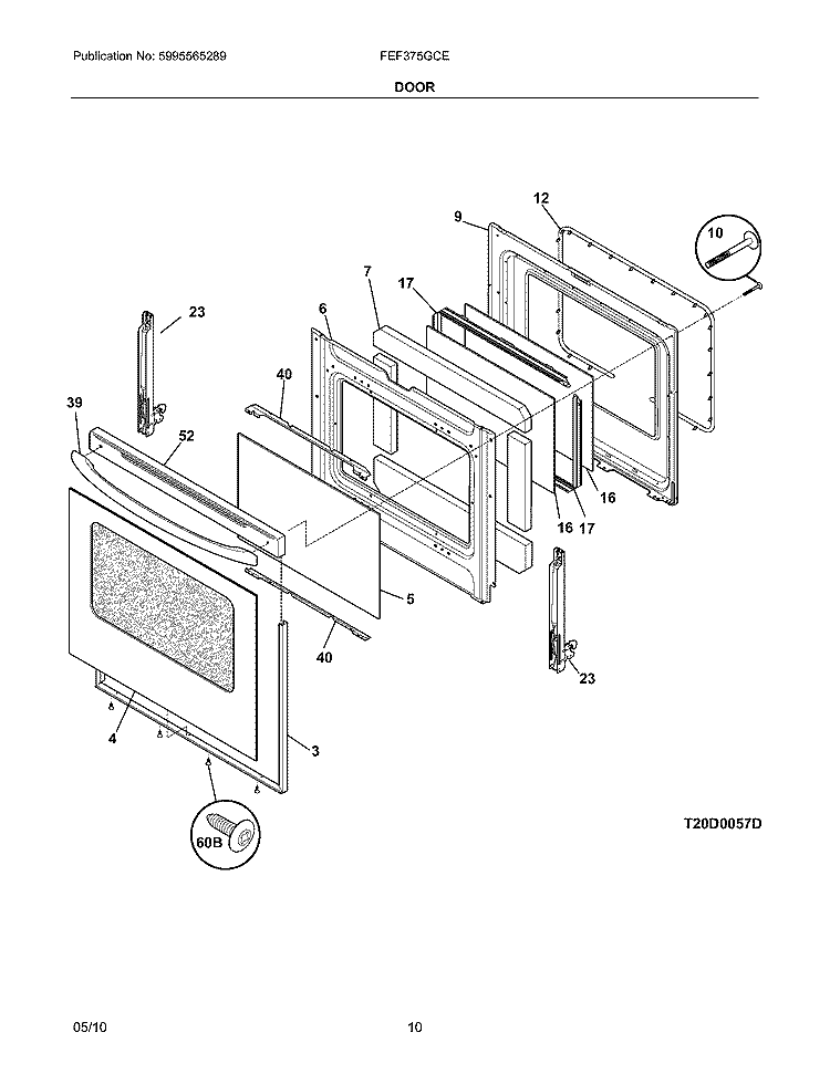 DOOR Diagram and Parts List for FEF375GCE  Frigidaire Range