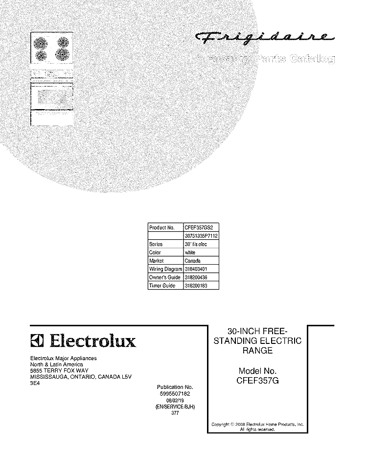 COVER Diagram and Parts List for CFEF357GS2  Frigidaire Range