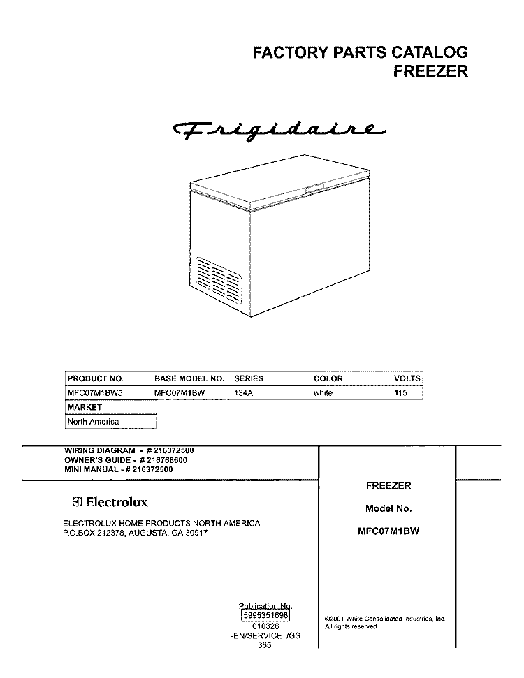 COVER Diagram and Parts List for MFC07M1BW5  Frigidaire Freezer