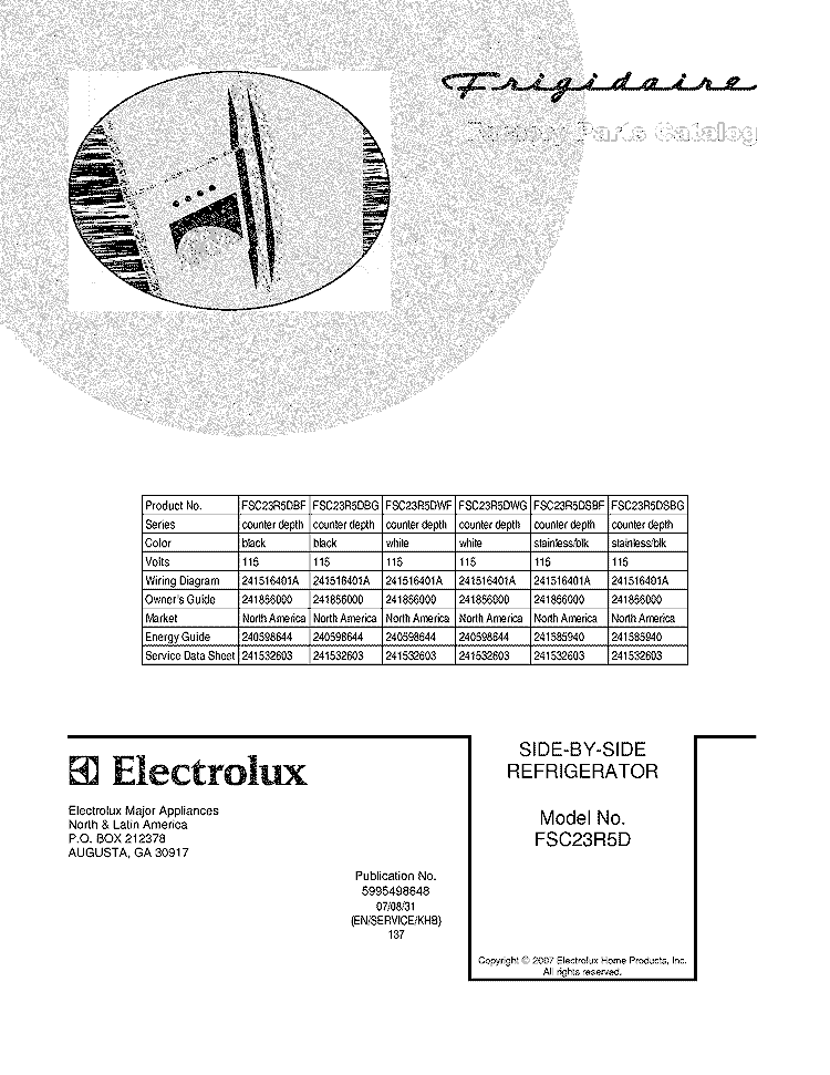 COVER Diagram and Parts List for FSC23R5DWF  Frigidaire Refrigerator